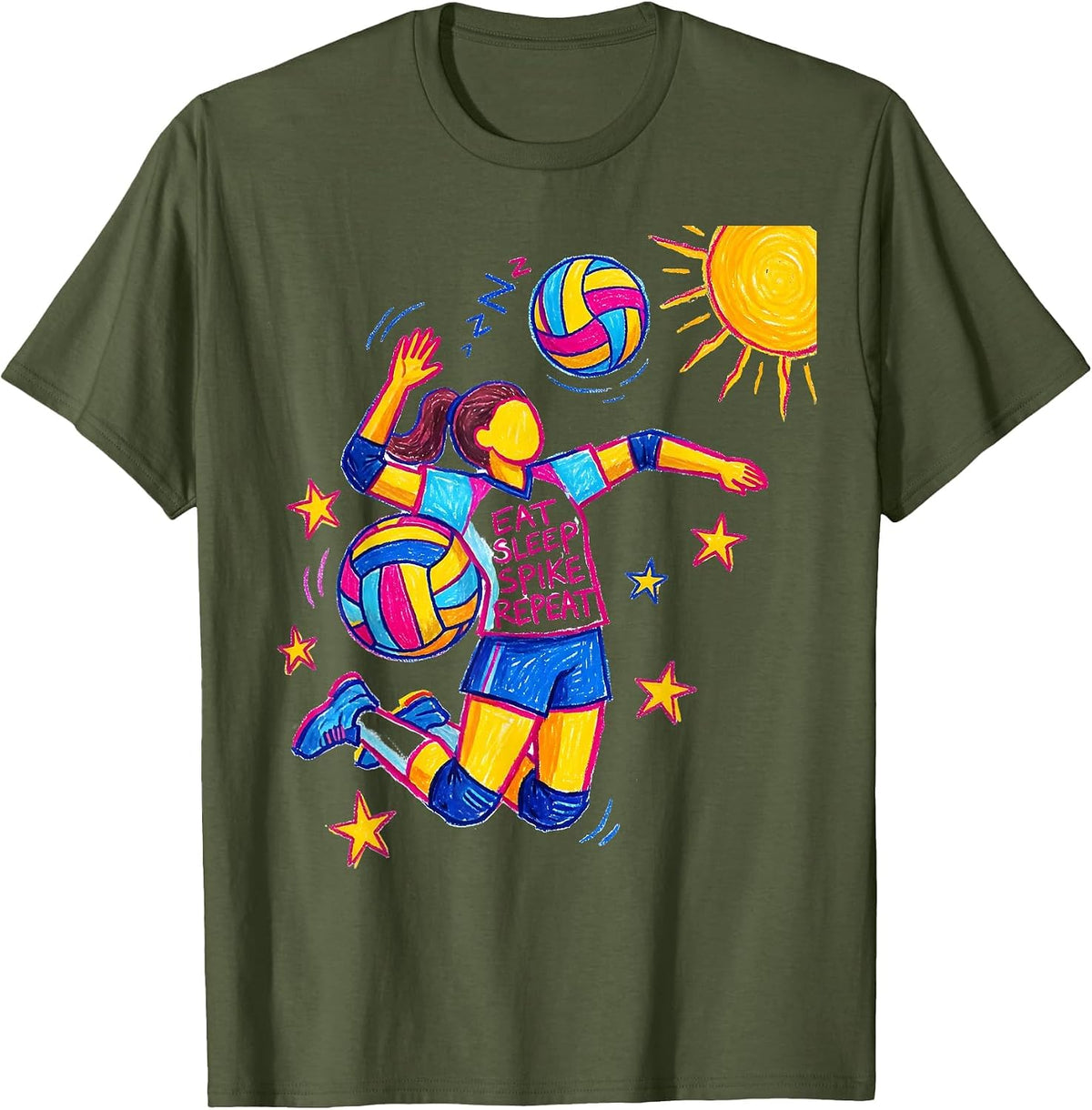 Men's Eat Sleep Spike Repeat Volleyball Design T-Shirt - Olive Green