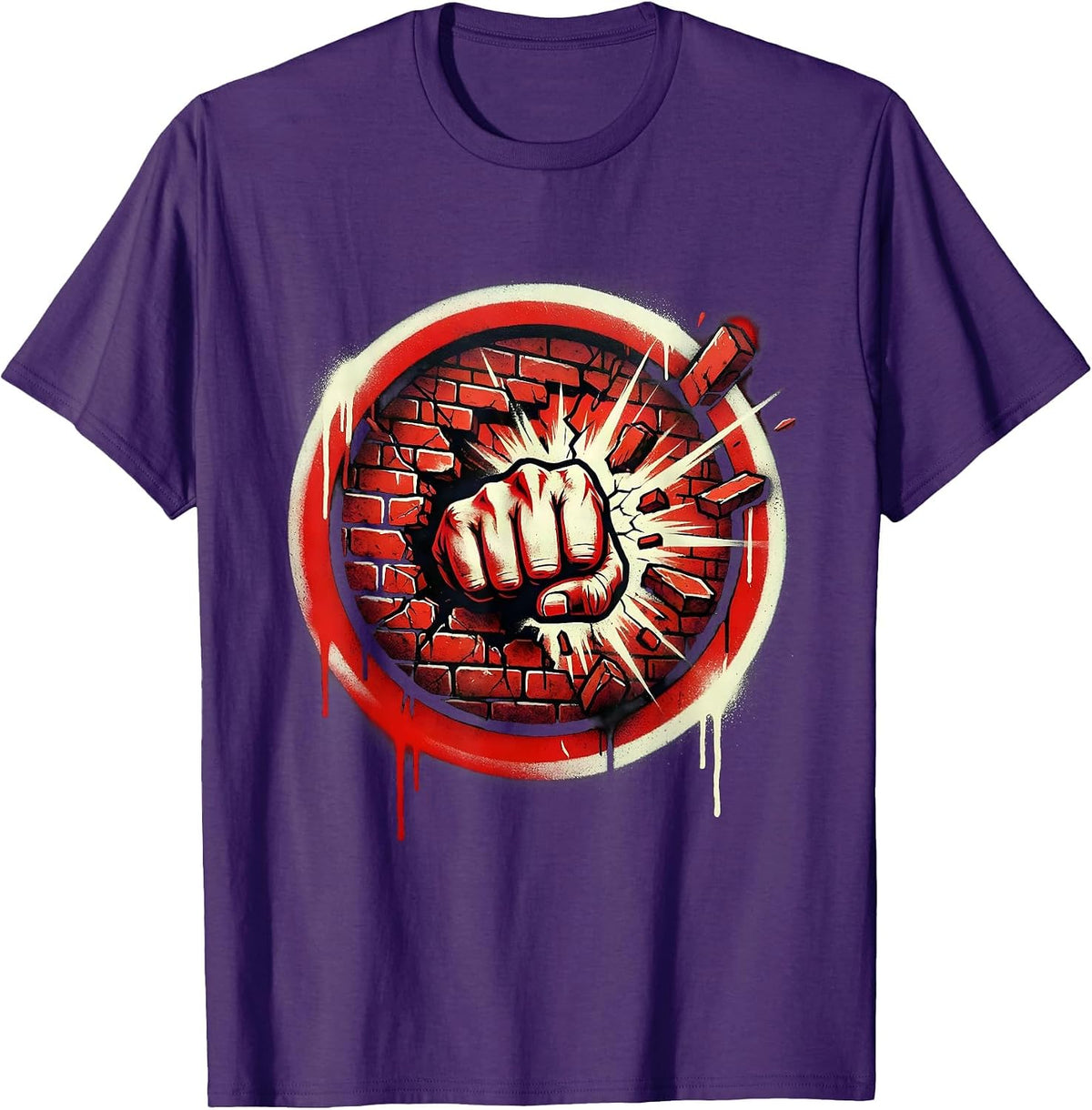 Punk Rock Fist Through Brick Wall Graphic T-Shirt - Purple