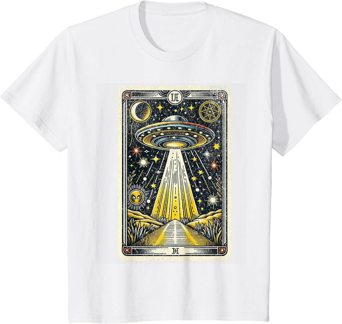 Vintage UFO Tarot Card Alien Astrology Retro Zodiac T-Shirt - White