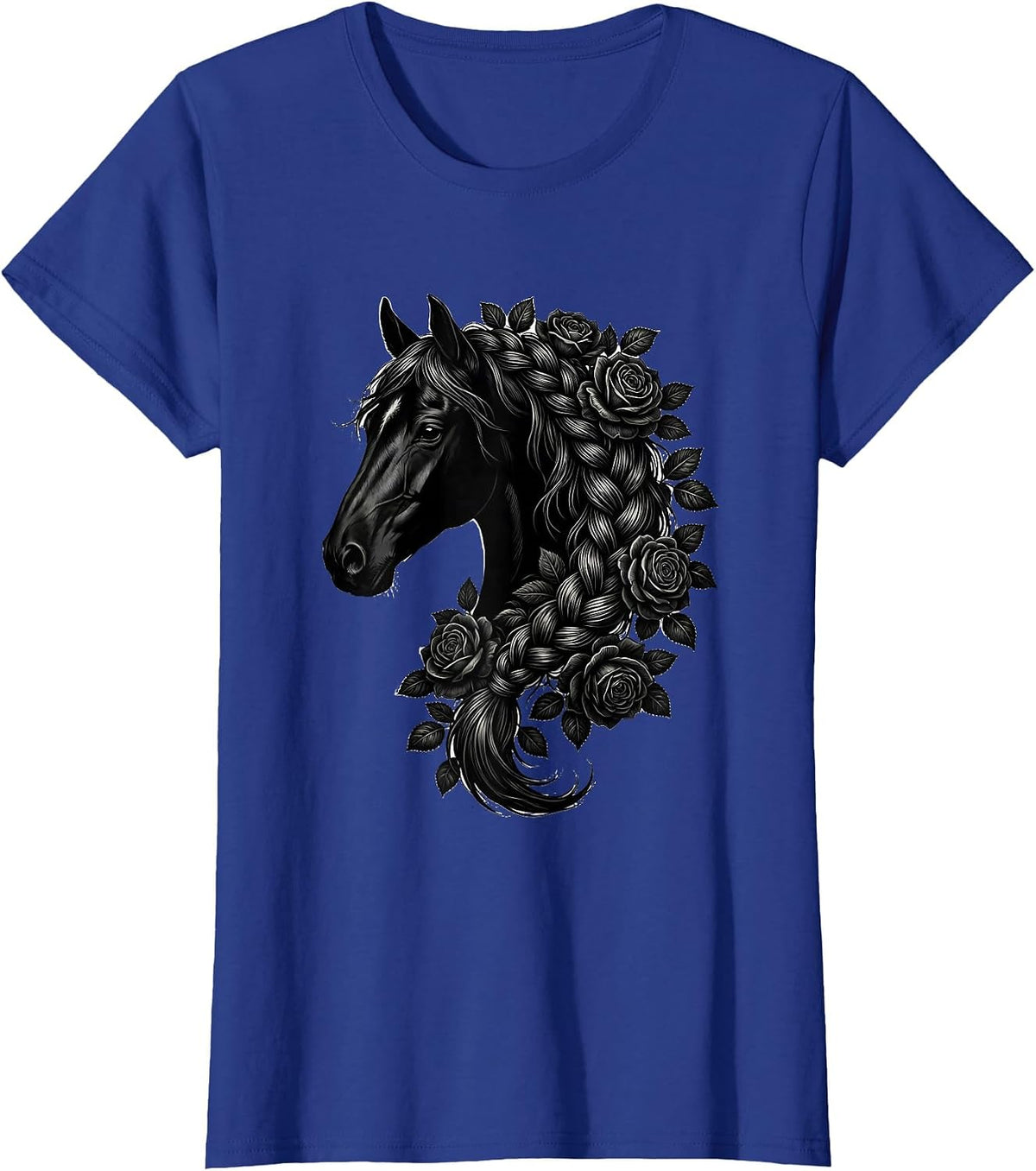Women's Horse Mane Braided With Wild Roses Graphic T-Shirt - Royal Blue