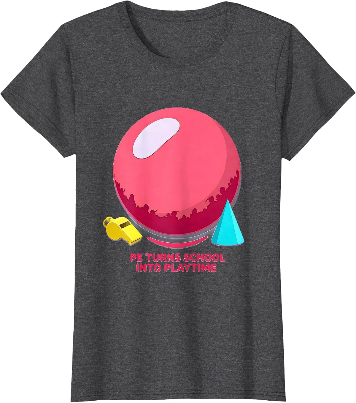 Women's PE Turns School Into Playtime Funny PE Teacher Gym Humor T-Shirt - Dark Heather Grey