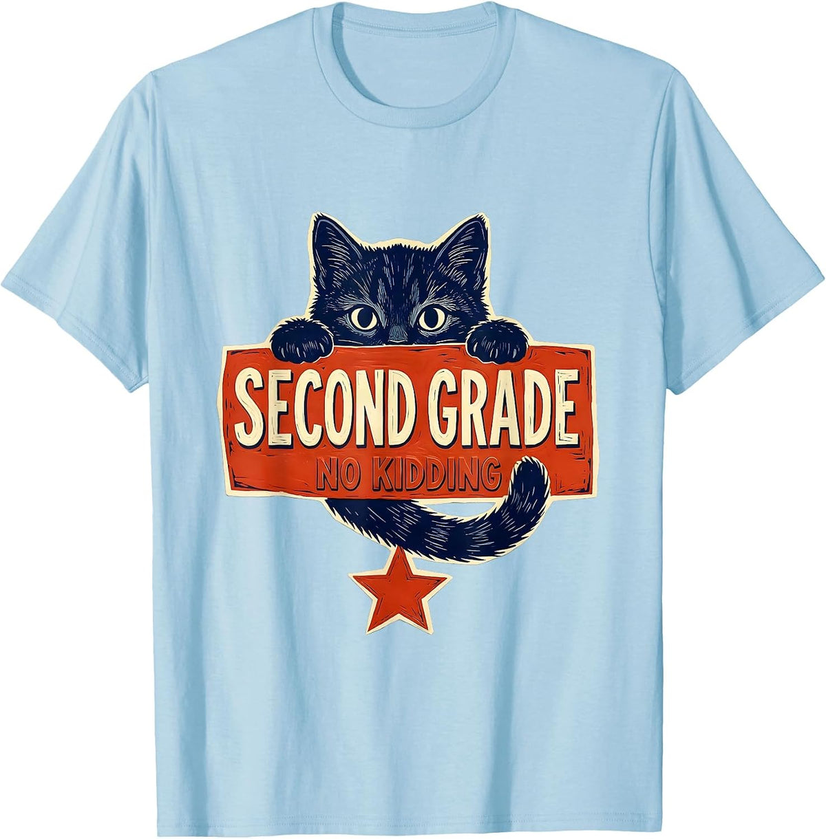 Men's Second Grade No Kidding Linocut Kitten Back To School Girls T-Shirt - Baby Blue