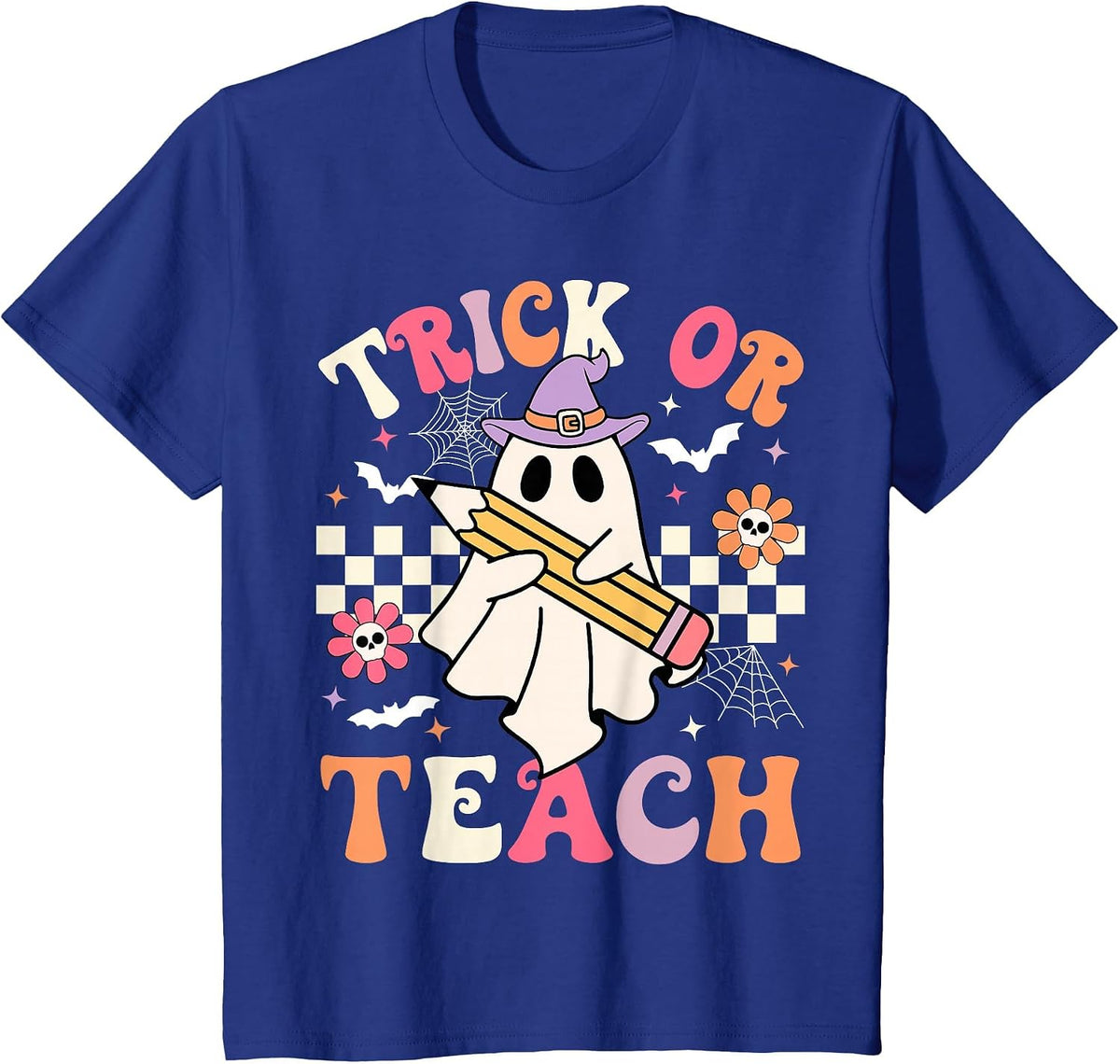 Trick Or Teach Groovy Teacher Halloween Retro Floral Ghost T-Shirt - Royal Blue