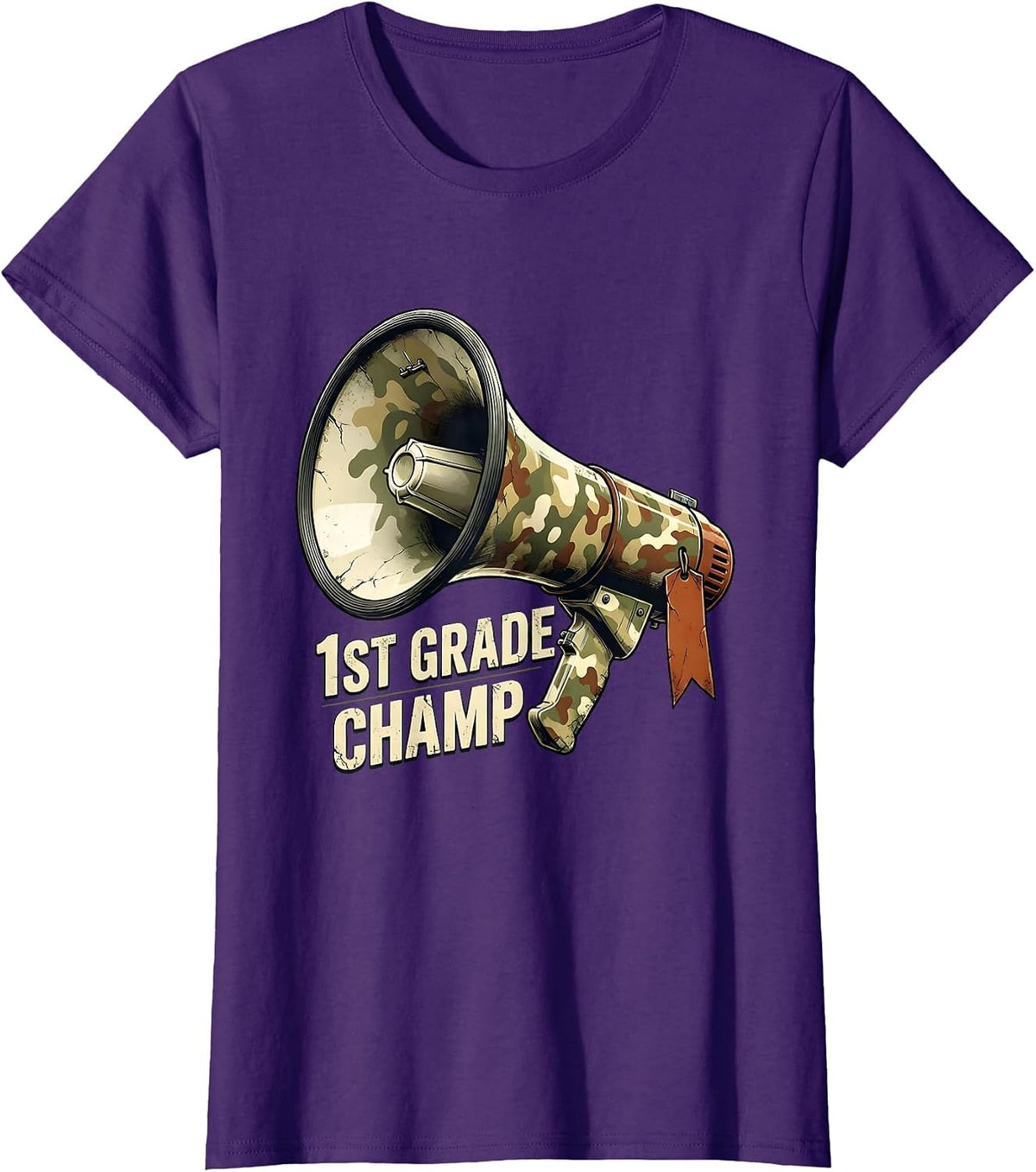 Women's 1st Grade Champ Distressed Camo School Megaphone Back T-Shirt - Purple
