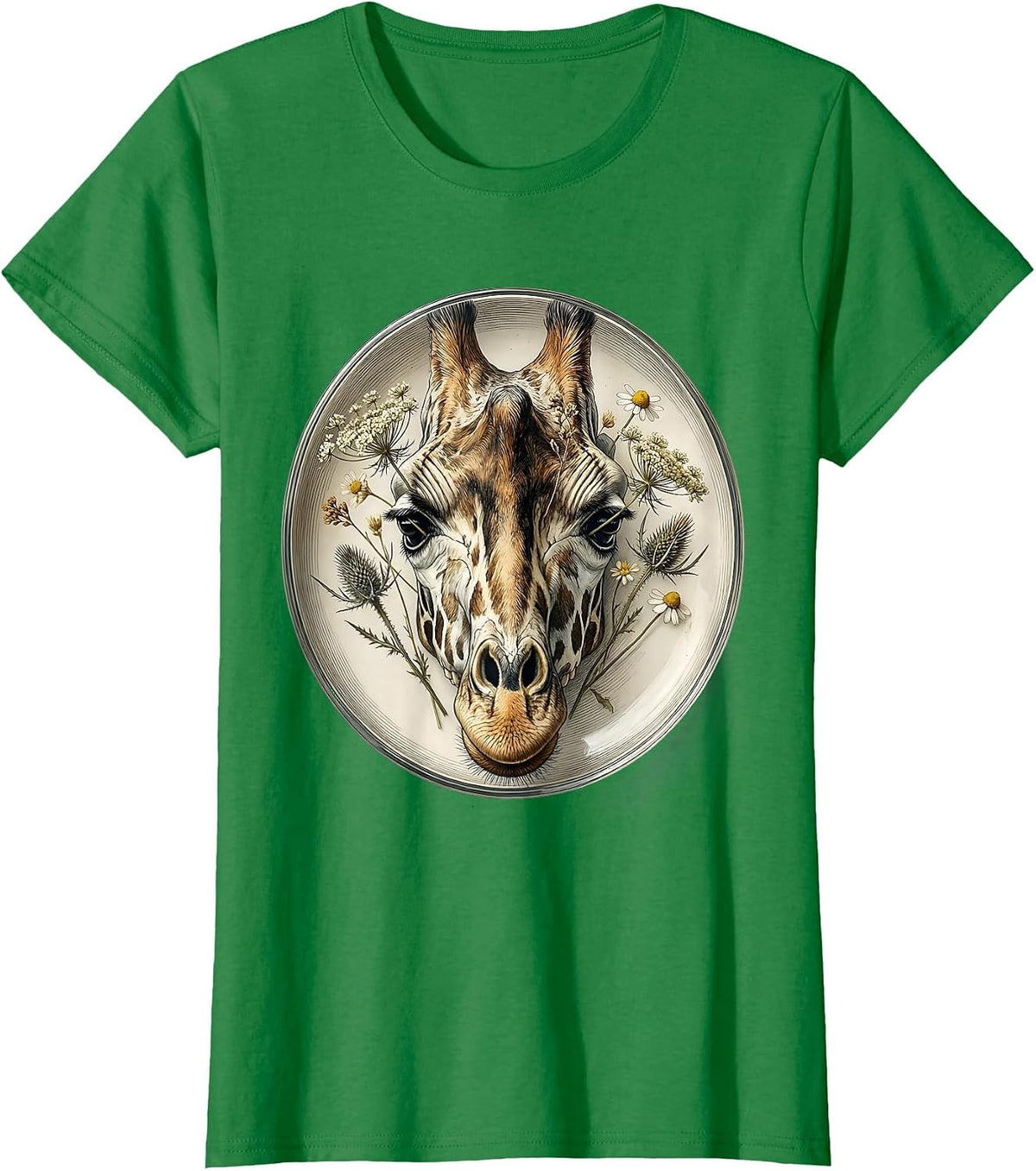 Women's Giraffe Skull Wildflowers Gothic Nature Art T-Shirt - Kelly Green