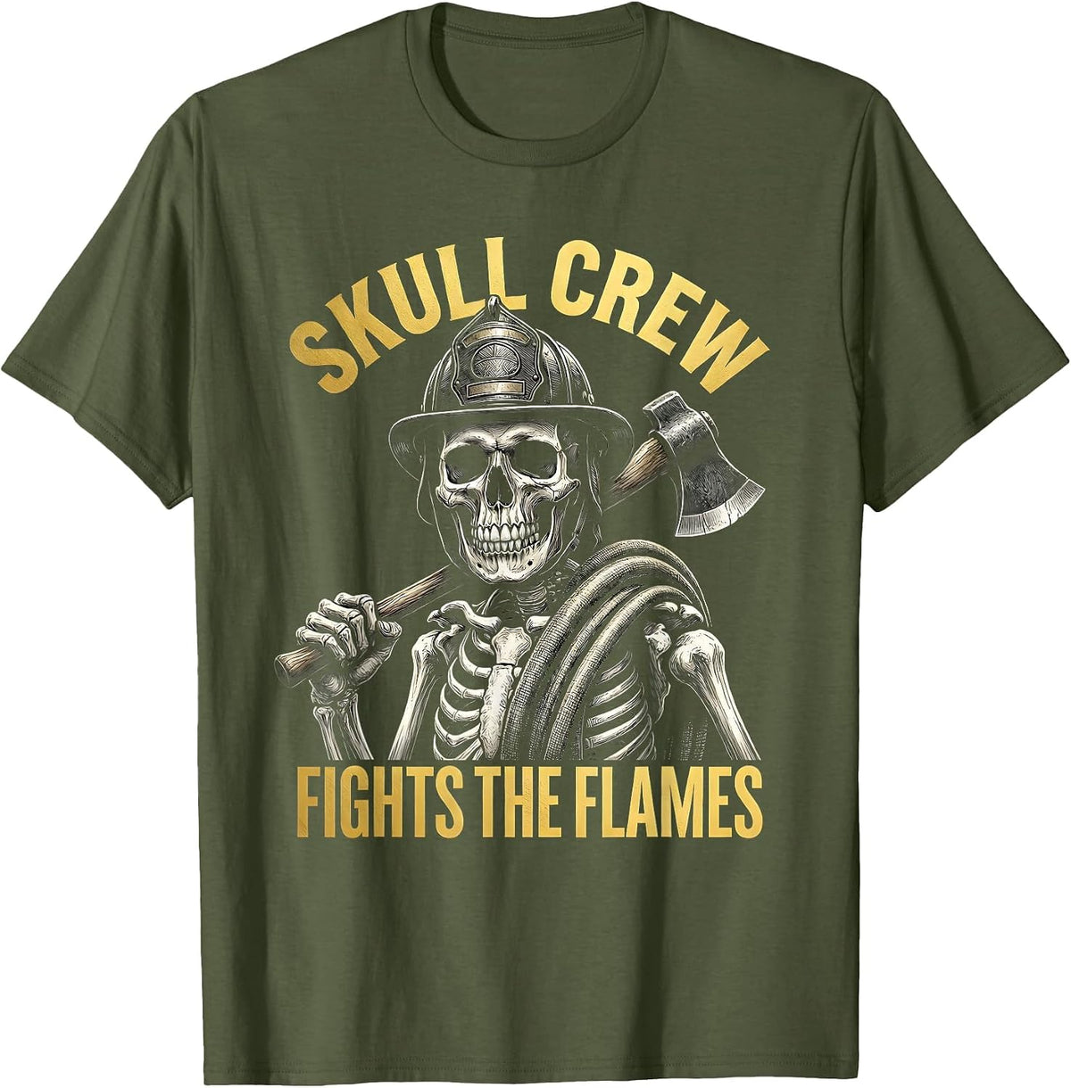 Halloween Firefighter Skull Crew Fights The Flames T-Shirt - Olive Green
