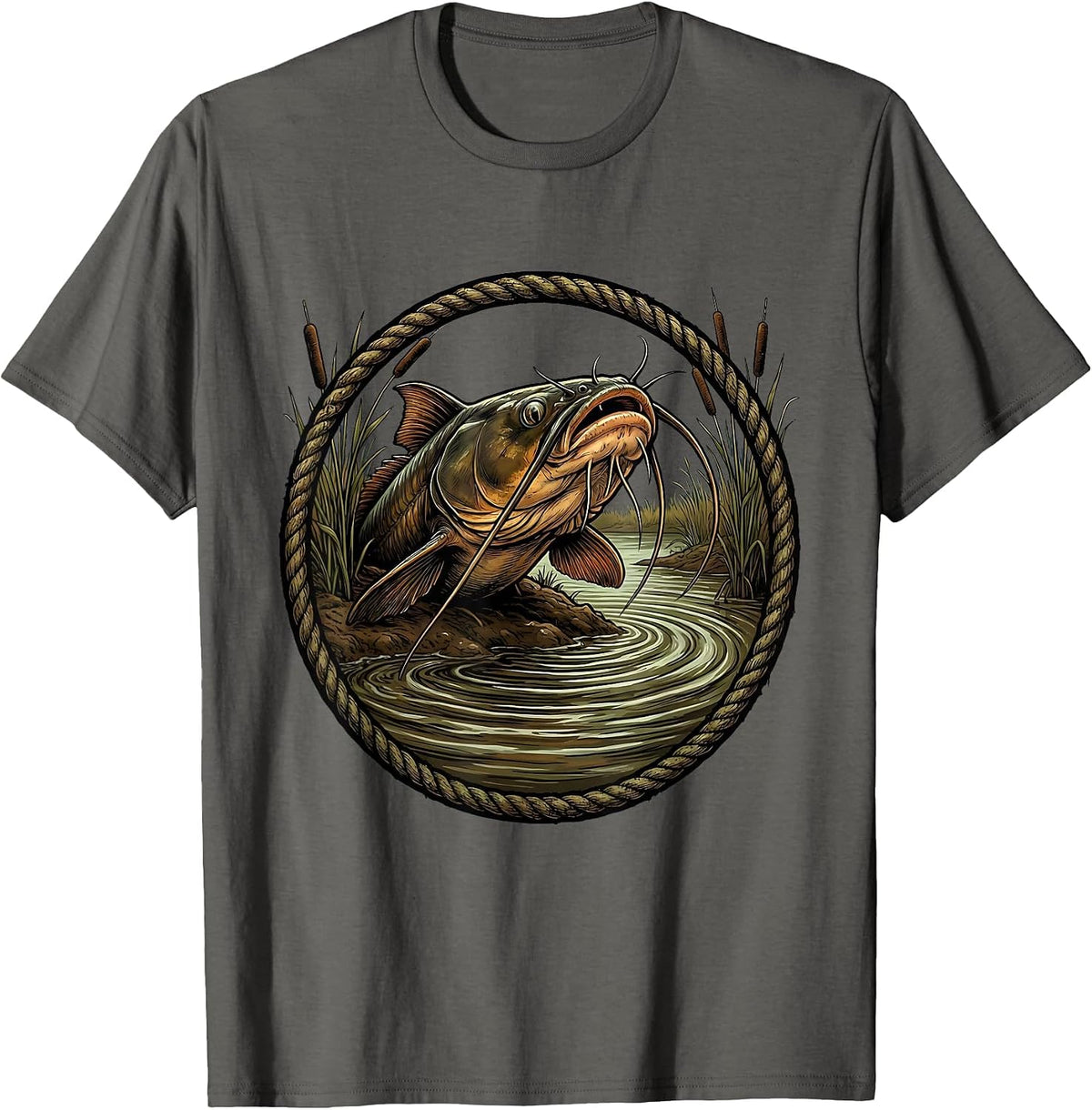 Men's Catfish Whiskers Muddy Riverbank Fishing Graphic T-Shirt - Asphalt Grey