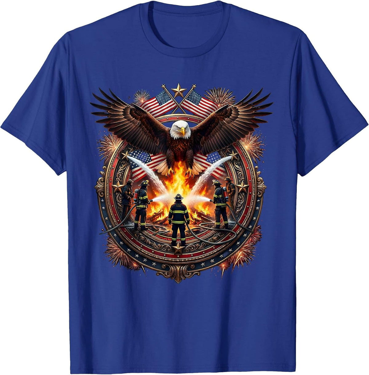 Aerial View Firefighters Surrounding Blaze Graphic T-Shirt - Royal Blue