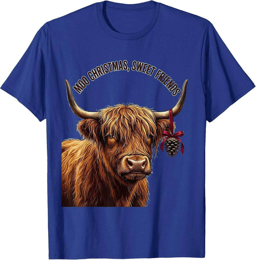 Moo Christmas, Sweet Friends Funny Highland Cow Lover T-Shirt - Royal Blue