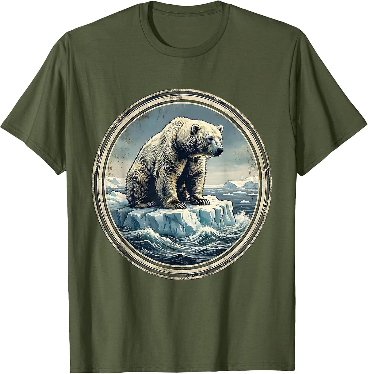 Polar Bear Drifting on Ice Floe Illustration T-Shirt - Olive Green