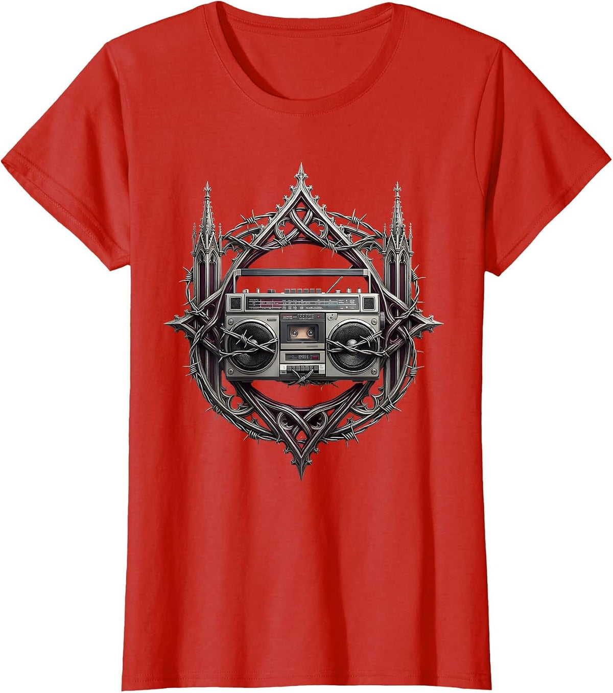 Vintage Boom Box Barbed Wire Punk Graphic T-Shirt - Red