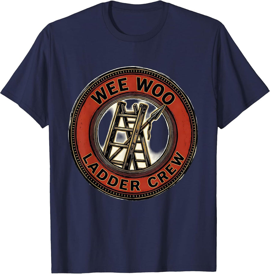 Wee Woo Ladder Crew Funny Firefighter Badge Fire Truck Humor T-Shirt - Navy Blue