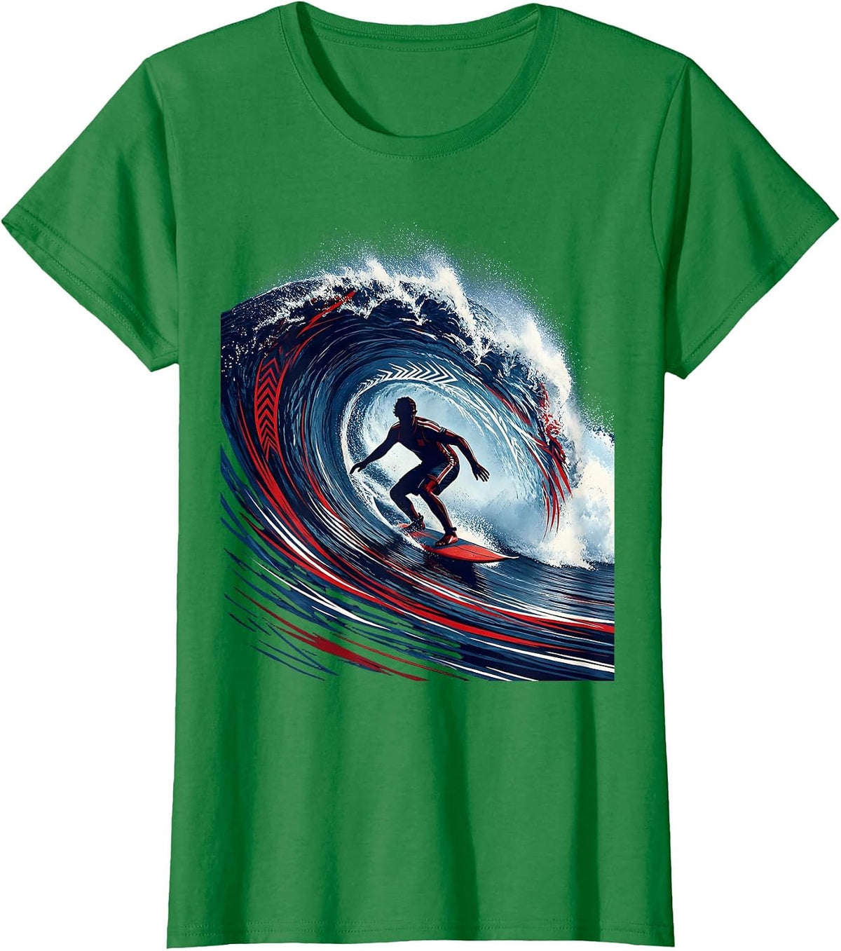 Surfer Riding Massive Ocean Wave Curl Graphic T-Shirt - Kelly Green