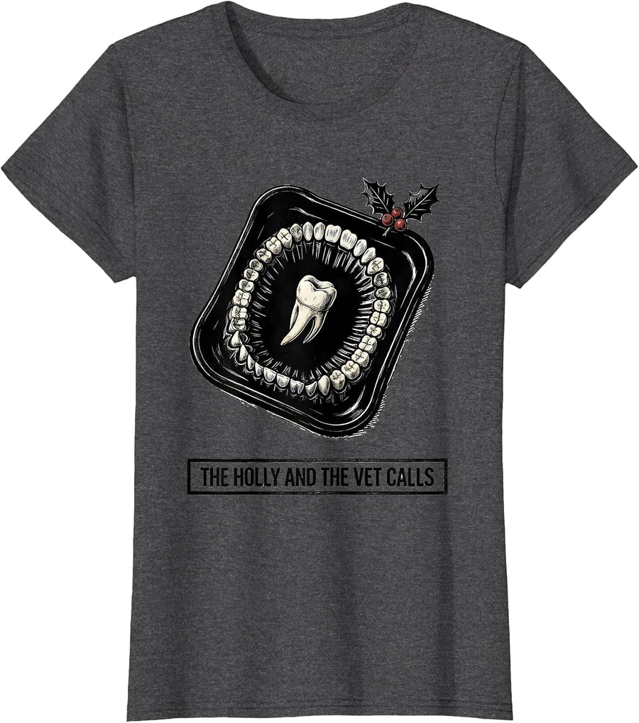 Women's The Holly And The Vet Calls Funny Veterinary Tech Christmas T-Shirt - Dark Heather Grey
