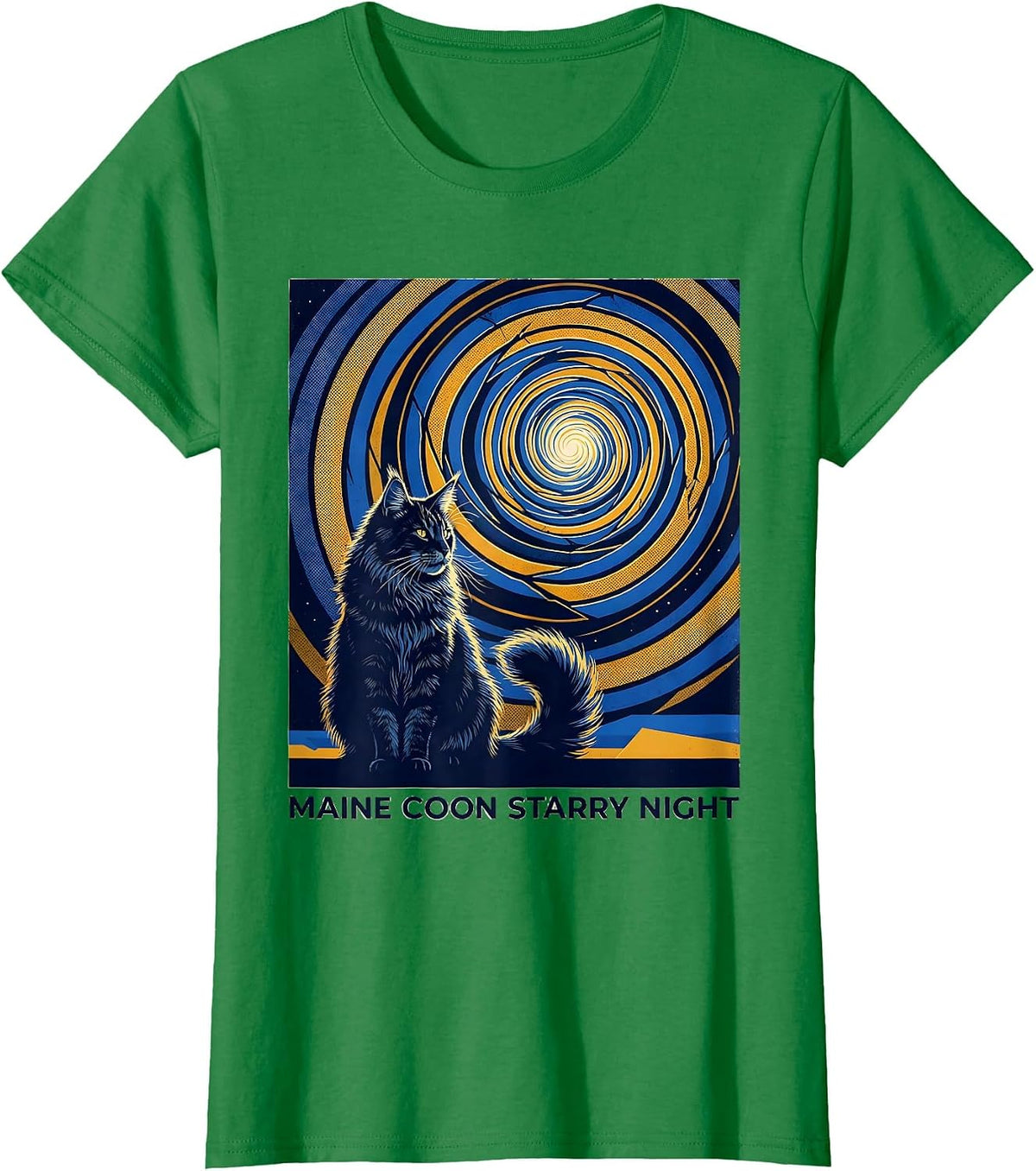Women's Maine Coon Starry Night Whimsical Van Gogh Cat Lover Art T-Shirt - Kelly Green
