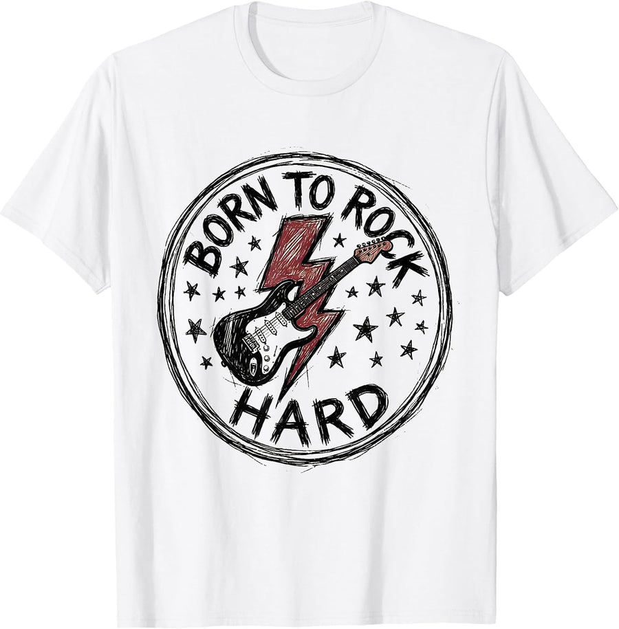Men's Born to Rock Hard 80s Rock Band Graphic Design T-Shirt - White