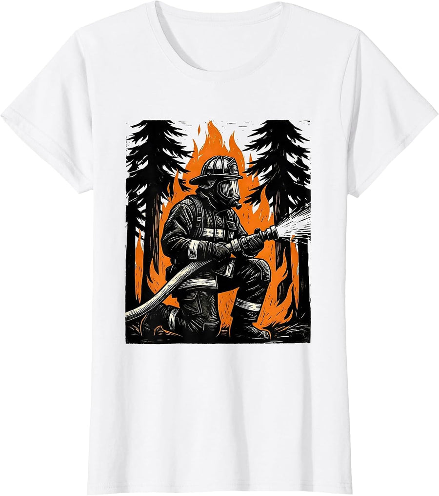 Women's Firefighter Kneeling With Hose in Burning Forest T-Shirt - White
