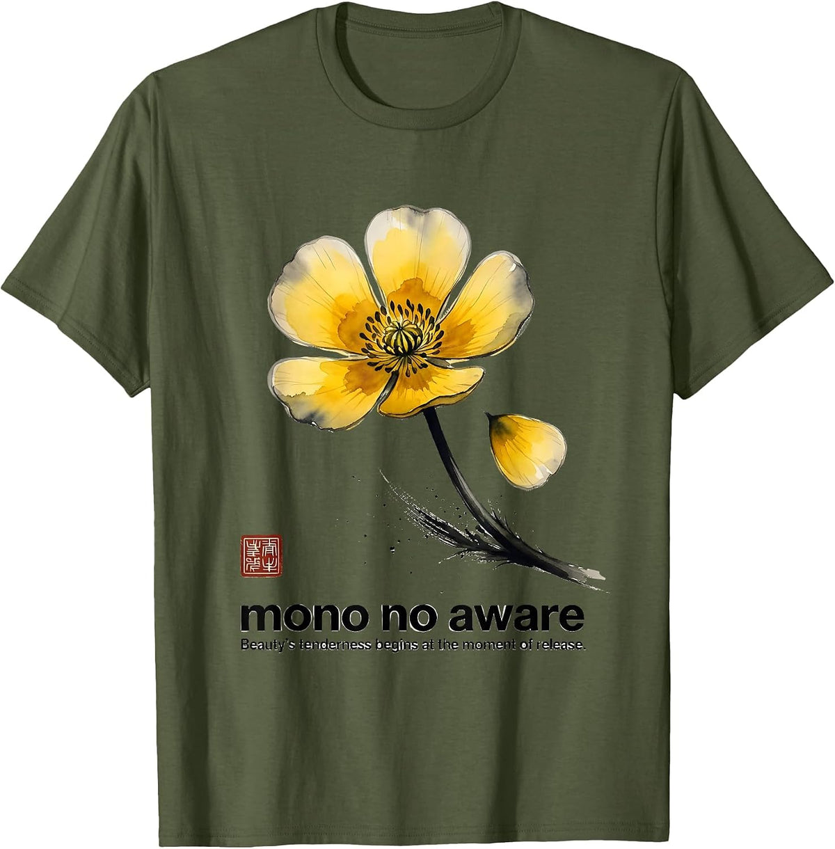 Men's mono no aware Japanese Philosophy T-Shirt - Olive Green