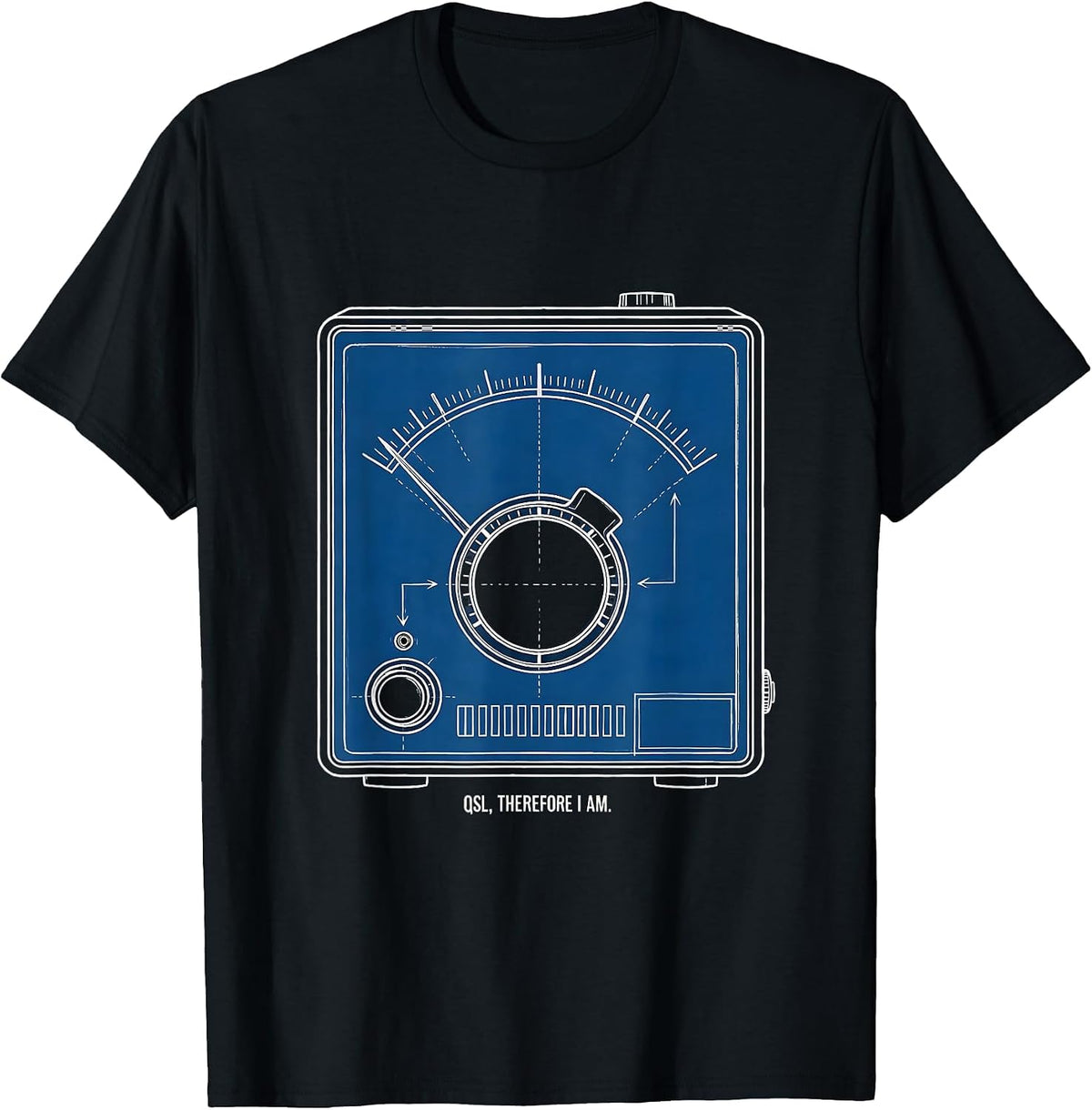 Men's QSL Therefore I Am Technical Blueprint Ham Radio Operator T-Shirt - Black