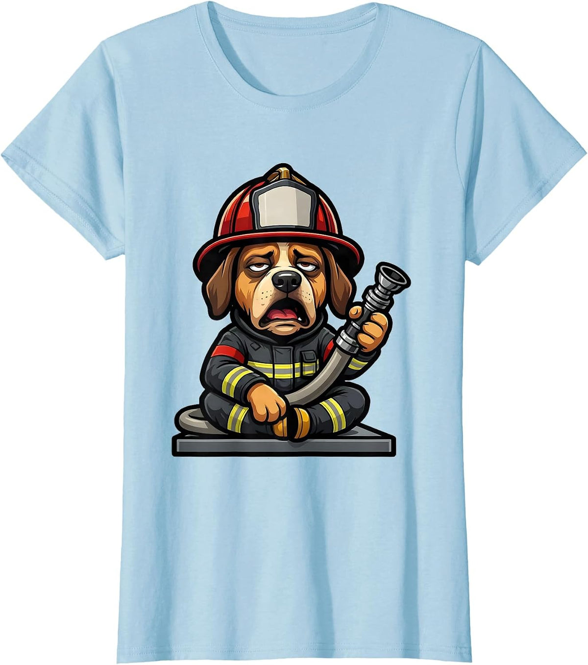 Yawning Firefighter Mascot Helmet Logo Family Humor T-Shirt - Baby Blue