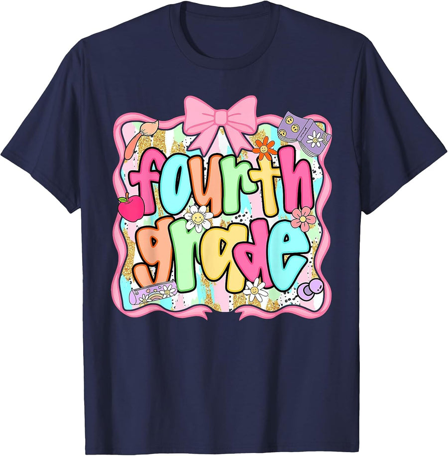 Back to School 4th Grade Fourth Grade Preppy Teacher Girl T-Shirt - Navy Blue
