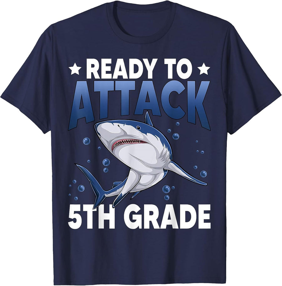 Ready to Attack 5th Grade Shark Fifth Grade Teacher Student T-Shirt - Navy Blue