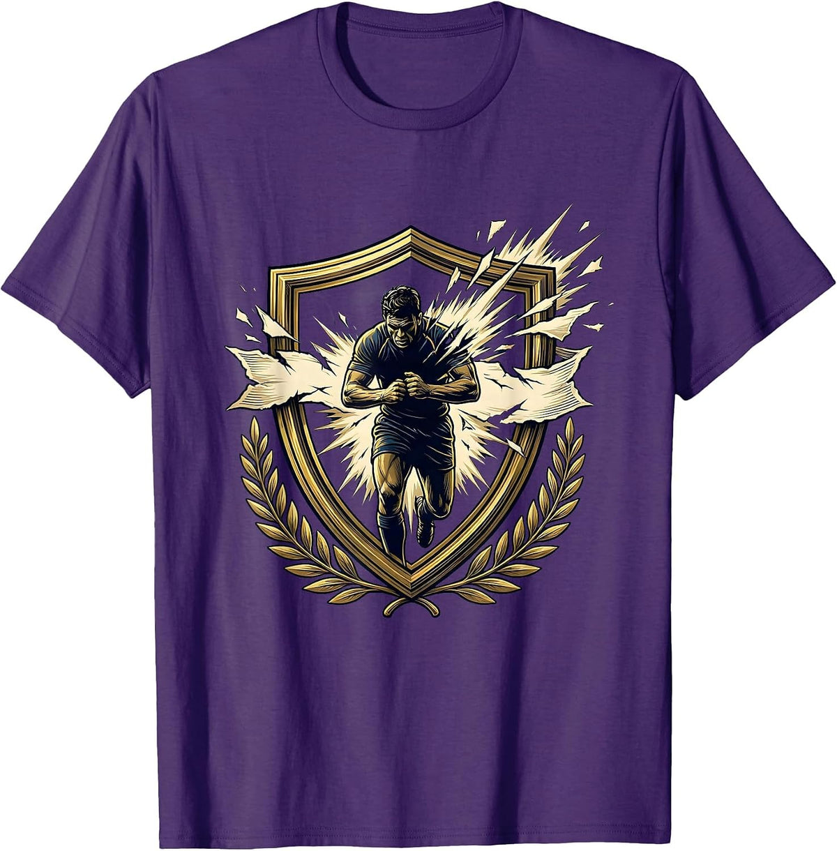 Rugby Player Bursting Through Banner Graphic T-Shirt - Purple