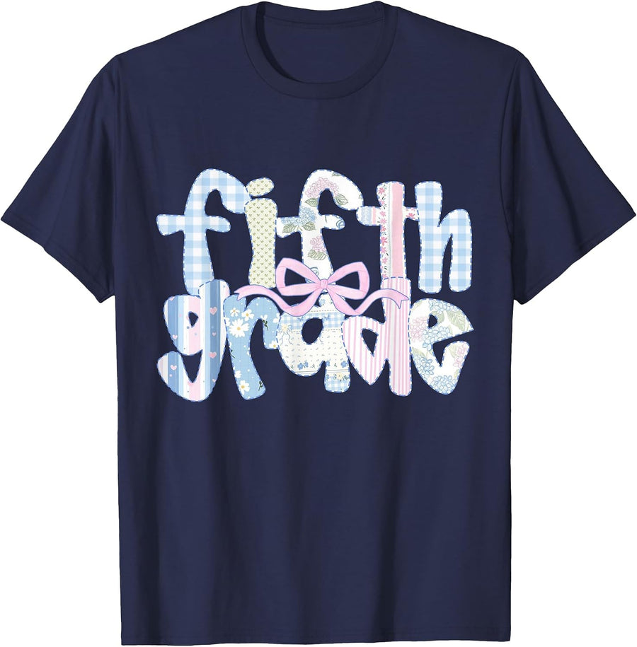 Floral Fifth Grade Coquette Bow 5th Grade Teacher Girl Kid T-Shirt - Navy Blue