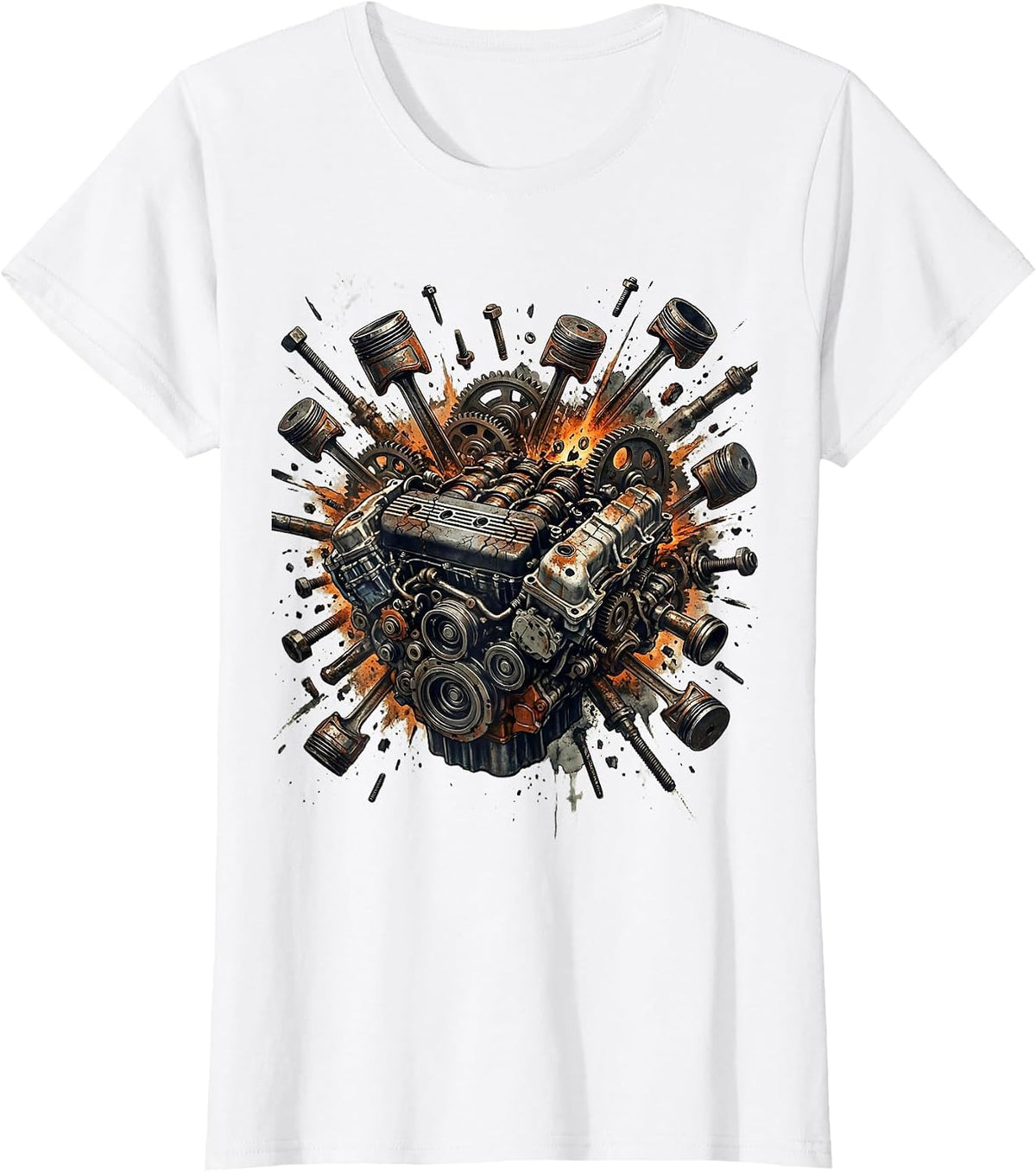 Women's Exploding Car Engine Mechanical Parts Graphic T-Shirt - White
