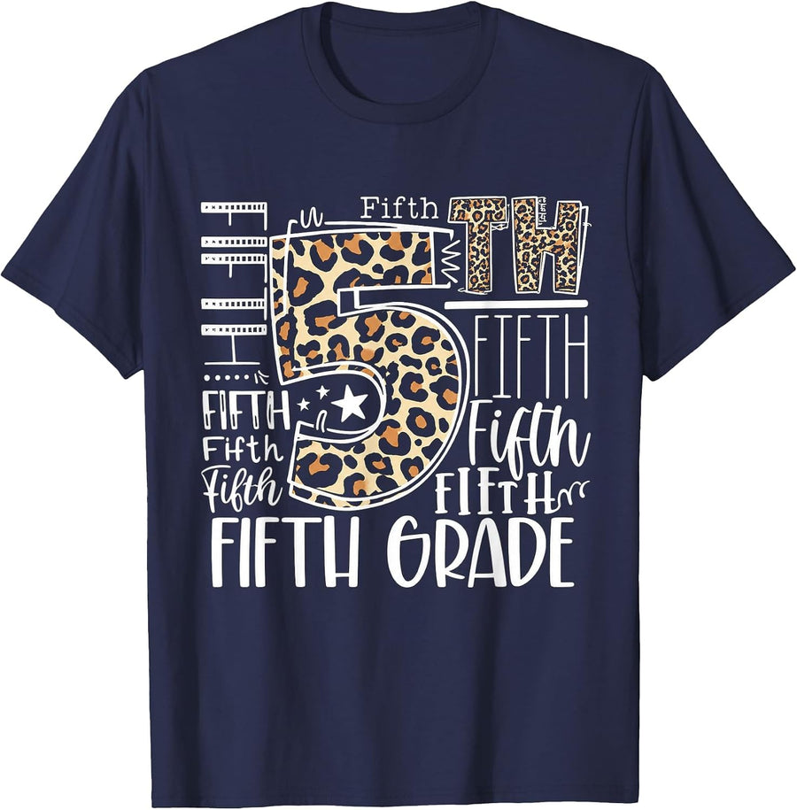 Hello Fifth Grade Typography Leopard Back to School Teacher T-Shirt - Navy Blue