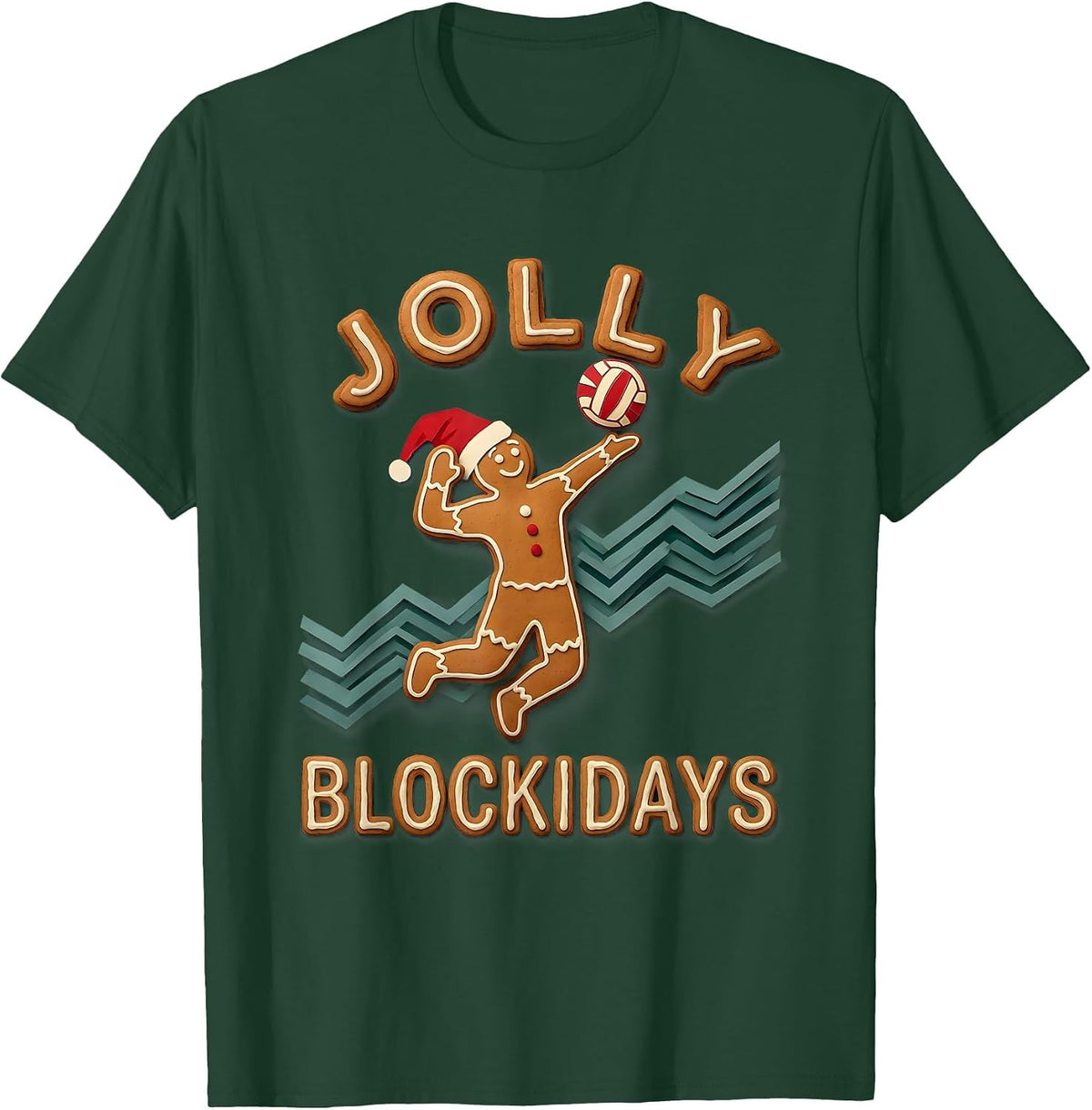 Men's Jolly Blockidays Paper Cutout Gingerbread Volleyball Blocker T-Shirt - Dark Green