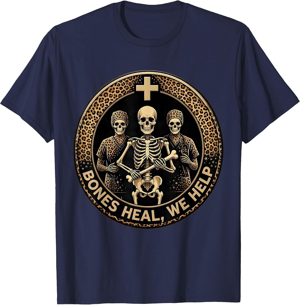 Men's Halloween Nurse Skeleton Surgical Team Design T-Shirt - Navy Blue