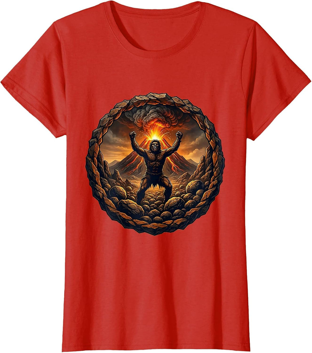 Cave Person Silhouette Volcanic Eruption Design T-Shirt - Red
