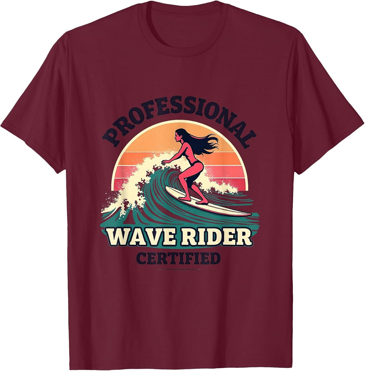 Professional Wave Rider Certified Surf Design T-Shirt - Burgundy