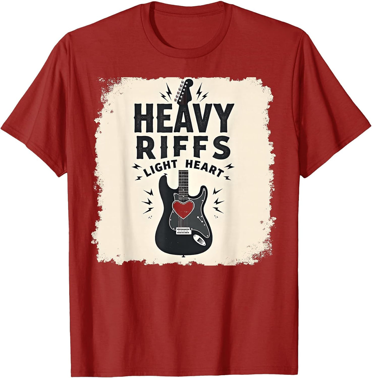 Heavy Riffs Light Heart Rock Music Design T-Shirt - Cranberry Red