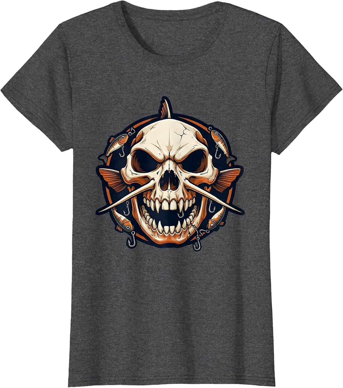 Women's Catfish Skull Hooks and Lures Fishing Graphic T-Shirt - Dark Heather Grey