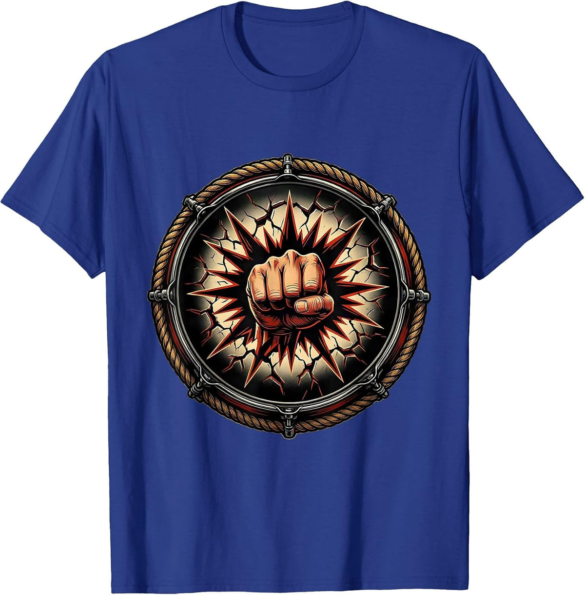Fist Through Bass Drum Punk Rock Graphic T-Shirt - Royal Blue