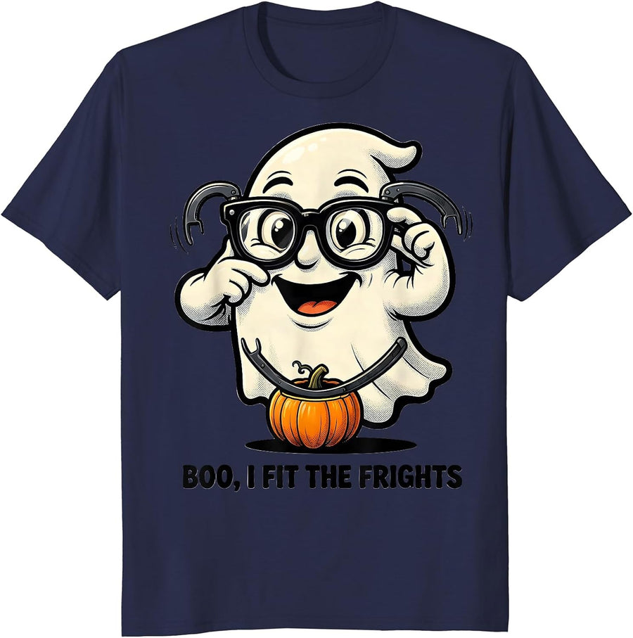Boo I Fit The Frights Cartoon Halloween Optometrist Eye T-Shirt - Navy Blue