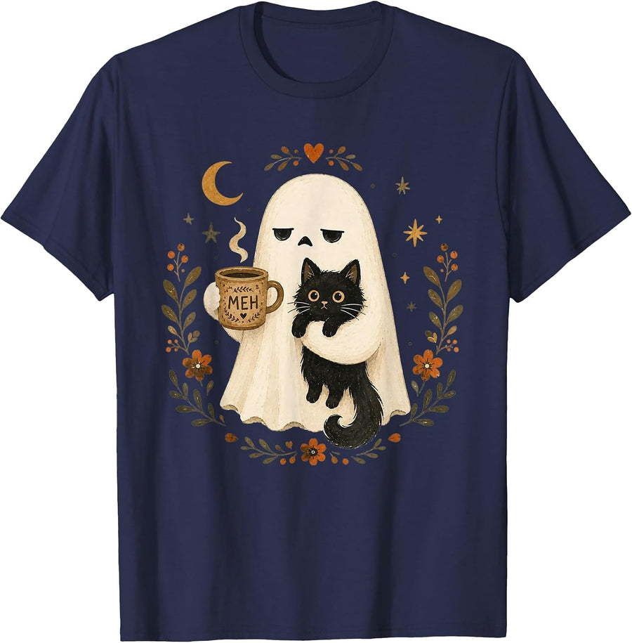 Funny Halloween Ghost Black Cat Meh Coffee Mug Cute Spooky T-Shirt - Navy Blue
