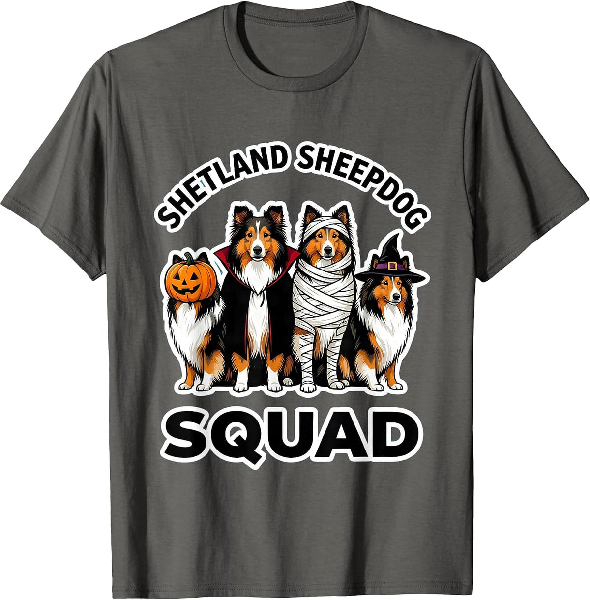 Shetland Sheepdog Squad Halloween Pumpkin Vampire Mummy T-Shirt - Asphalt Grey