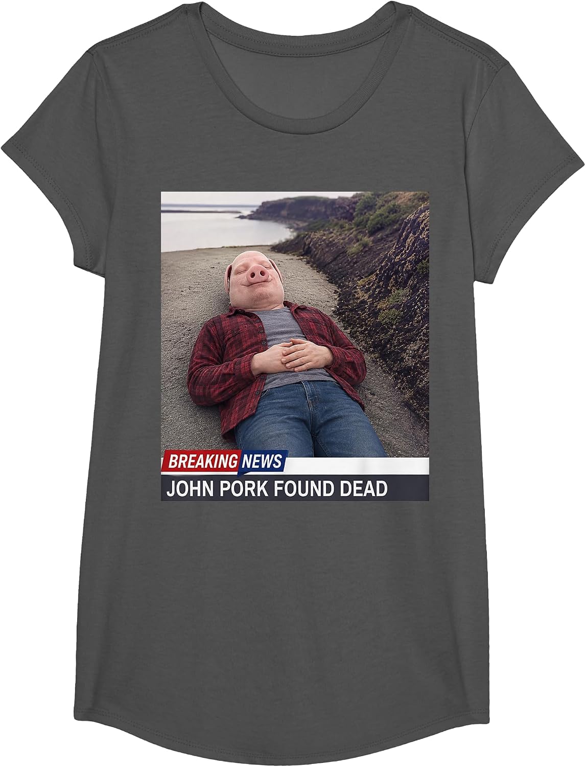 John Pork Found Dead Breaking News Meme Brainrot Pig T-Shirt - Girls Asphalt Grey