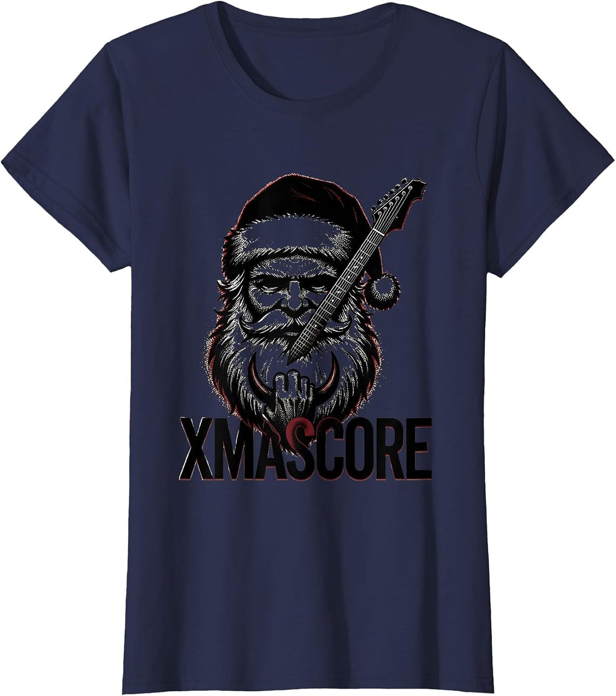 Women's Xmascore Blackwork Dotwork Rock Metal Santa Guitarist T-Shirt - Navy Blue