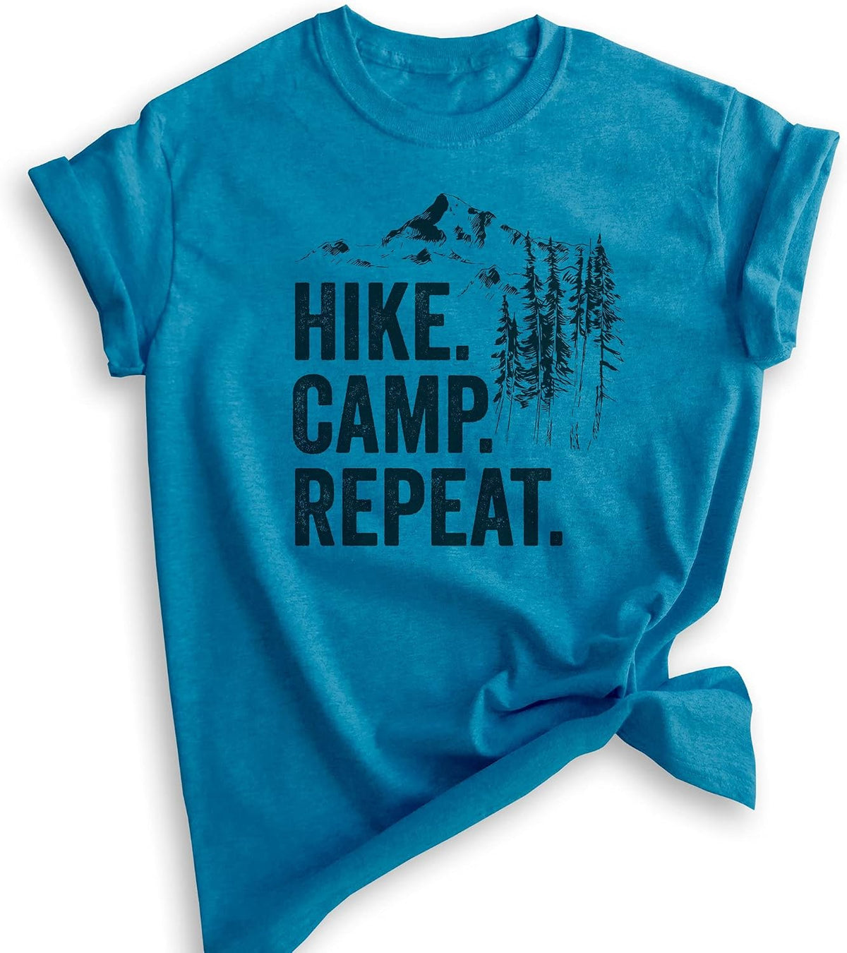 Hike Camp Repeat T-Shirt, Unisex Women's Men's Shirt, Hike Shirt, Hiking Shirt, Camping Shirt, Camper Shirt - Heather Blue