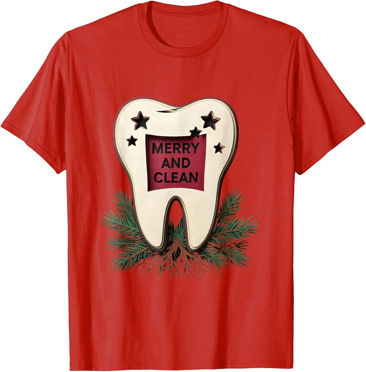 Men's Merry and Clean Funny Dental Christmas Dentist Dental T-Shirt - Red