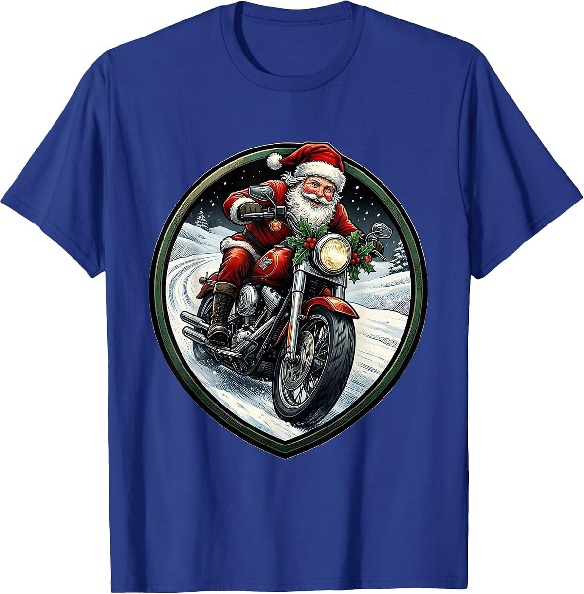 Men's Cheerful Santa Biker Motorcycle Rider Emblem Ugly Christmas T-Shirt - Royal Blue