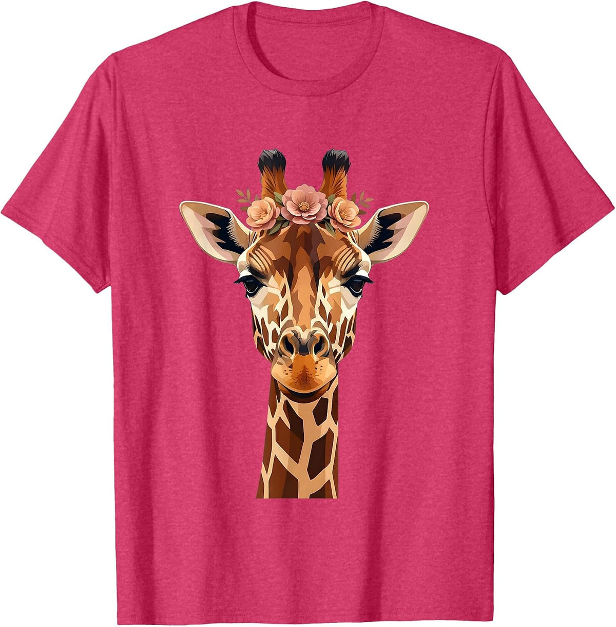 Giraffe With Floral Crown Illustration T-Shirt - Red Heather