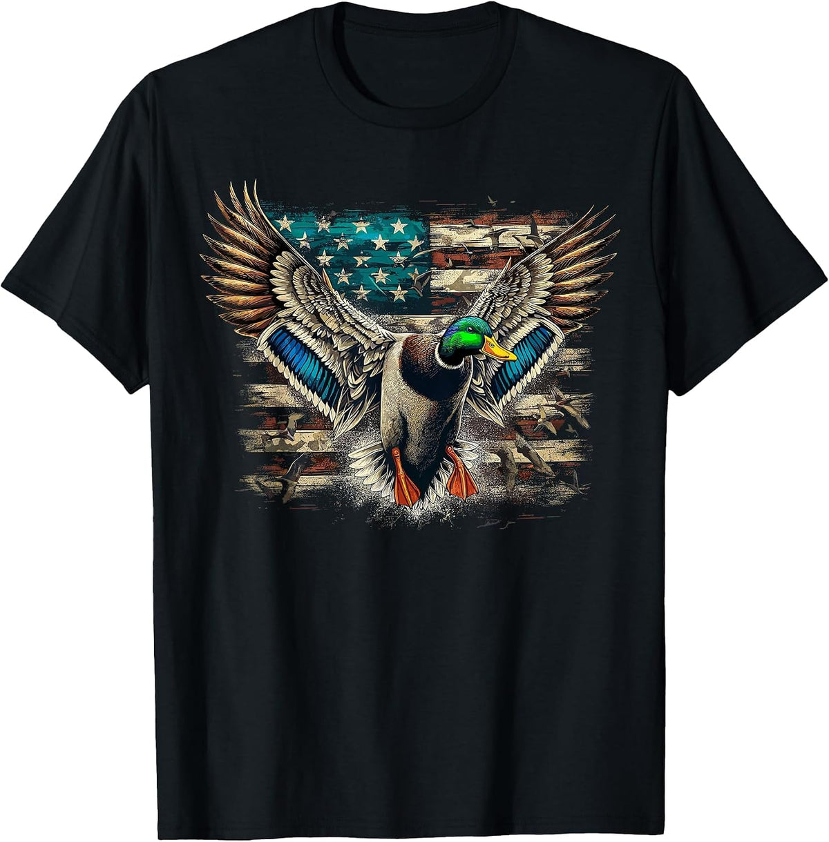Duck American Flag Waterfowl Hunting T-Shirt - Black
