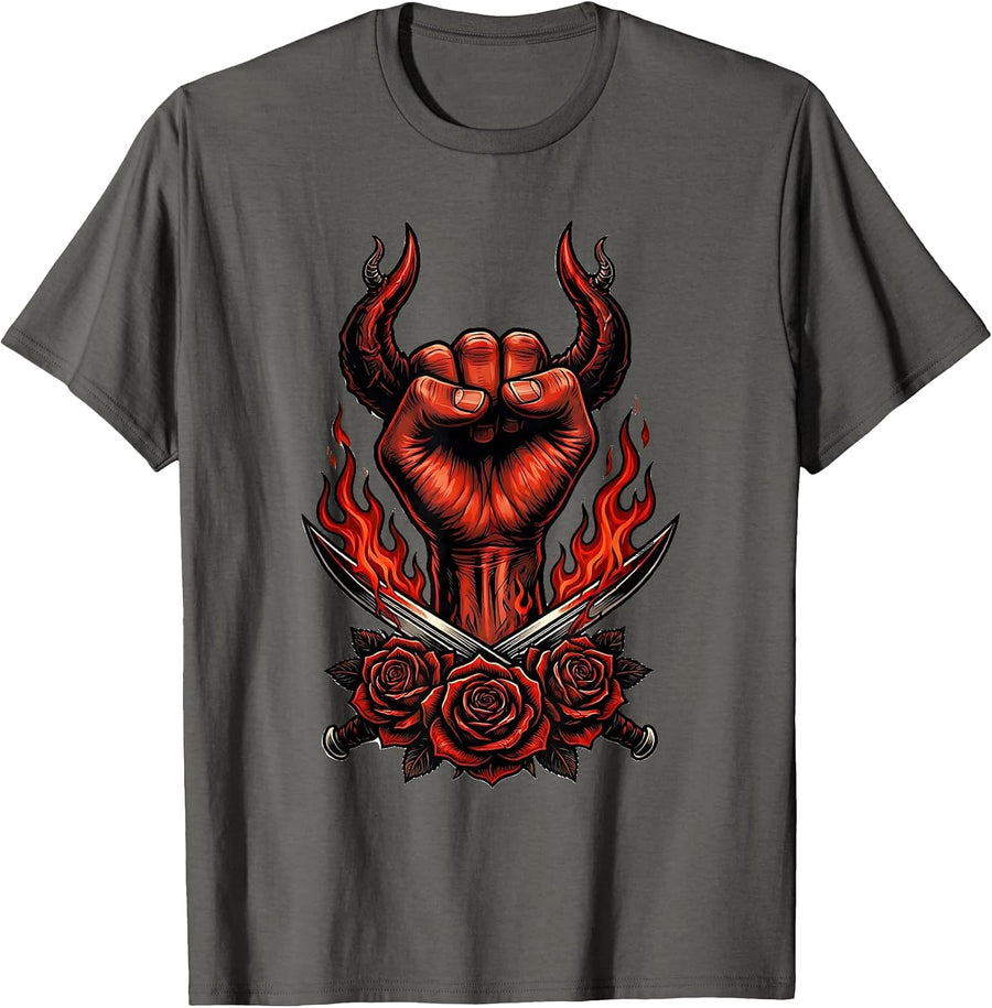 Devil Horns Hand Sign Rock Music Graphic T-Shirt - Asphalt Grey