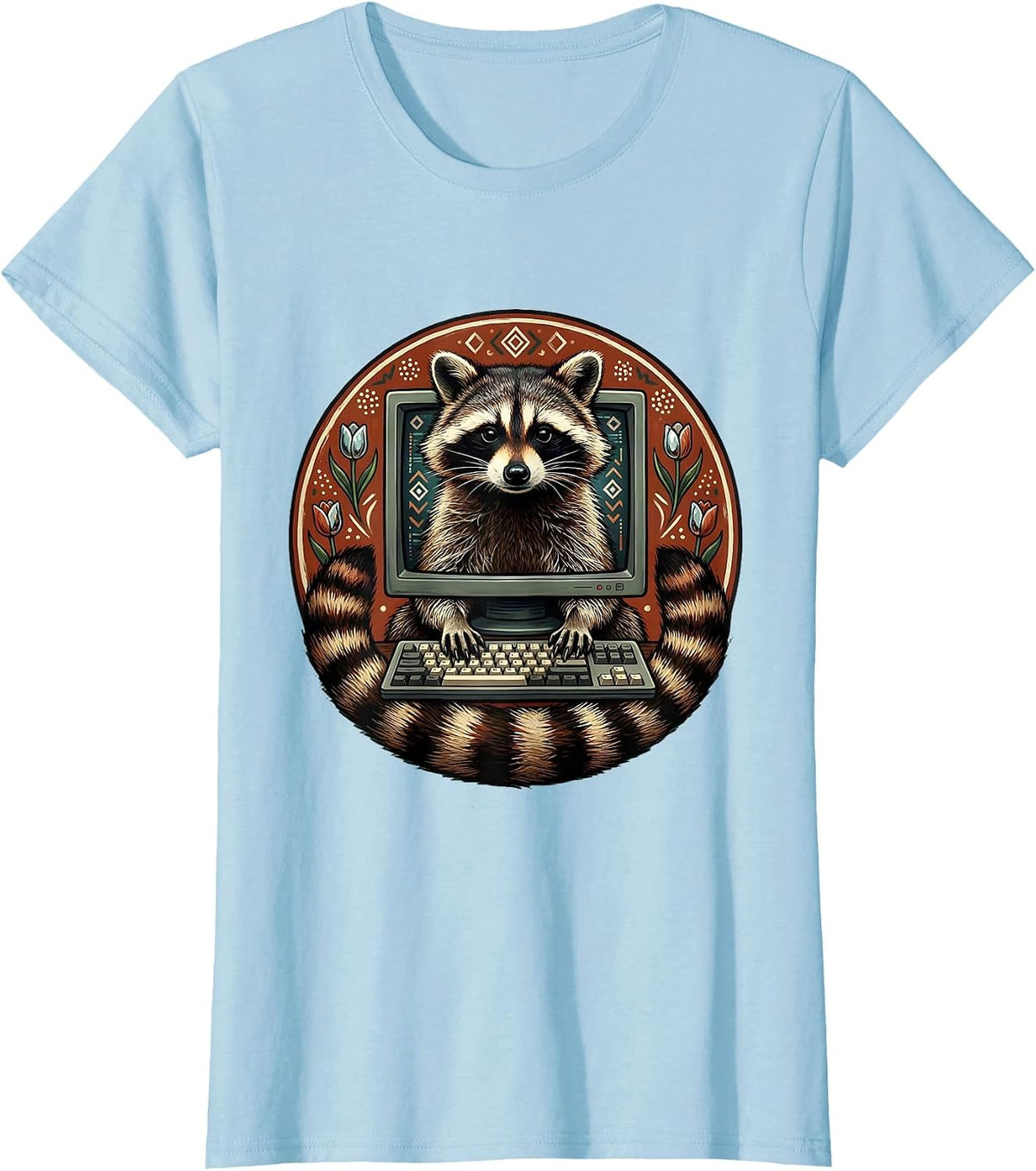 Raccoon Hacker Glowing Computer Graphic Tee T-Shirt - Baby Blue