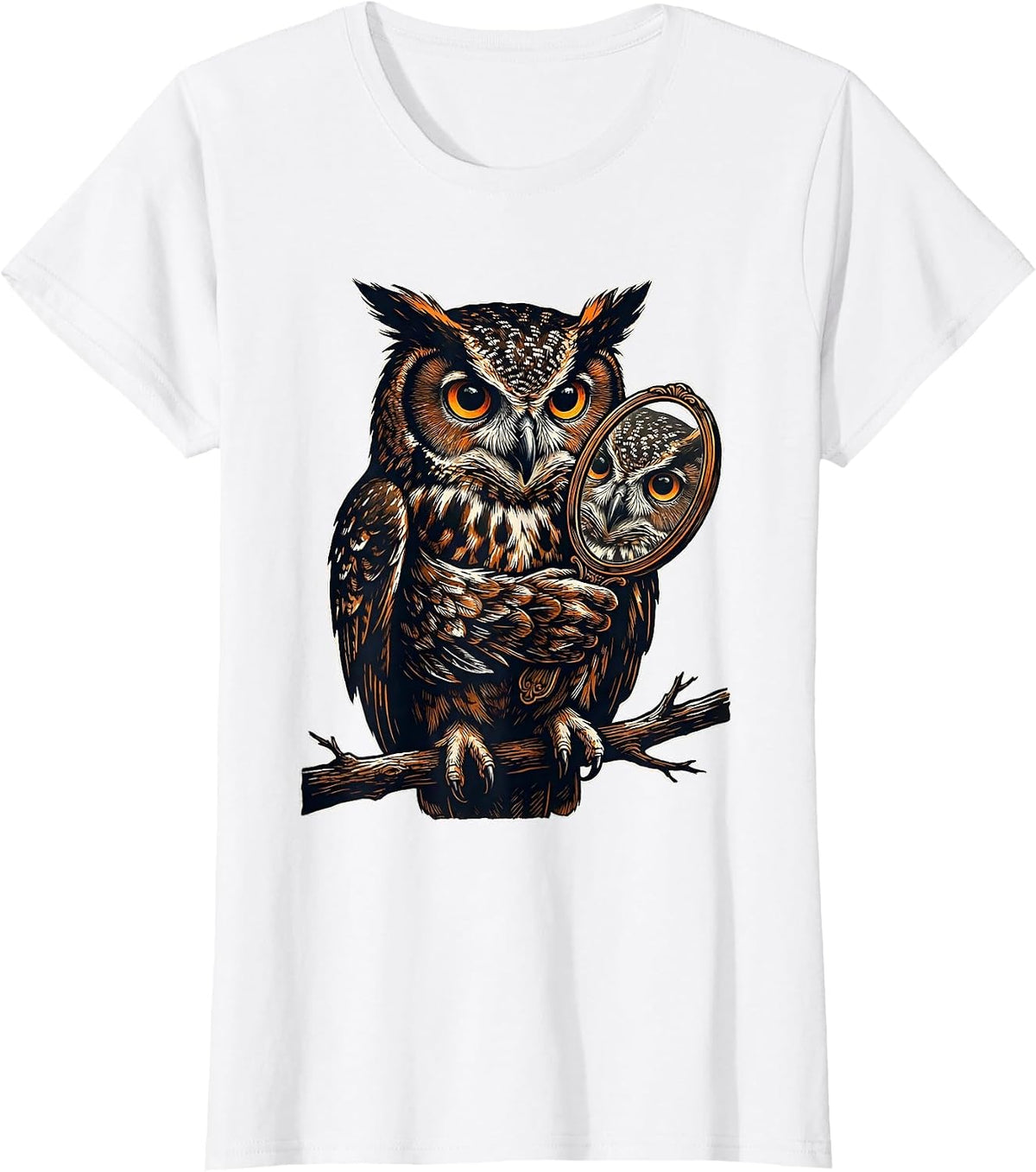 Owl Mirror Linocut Retro Nature Lover Gift T-Shirt - White